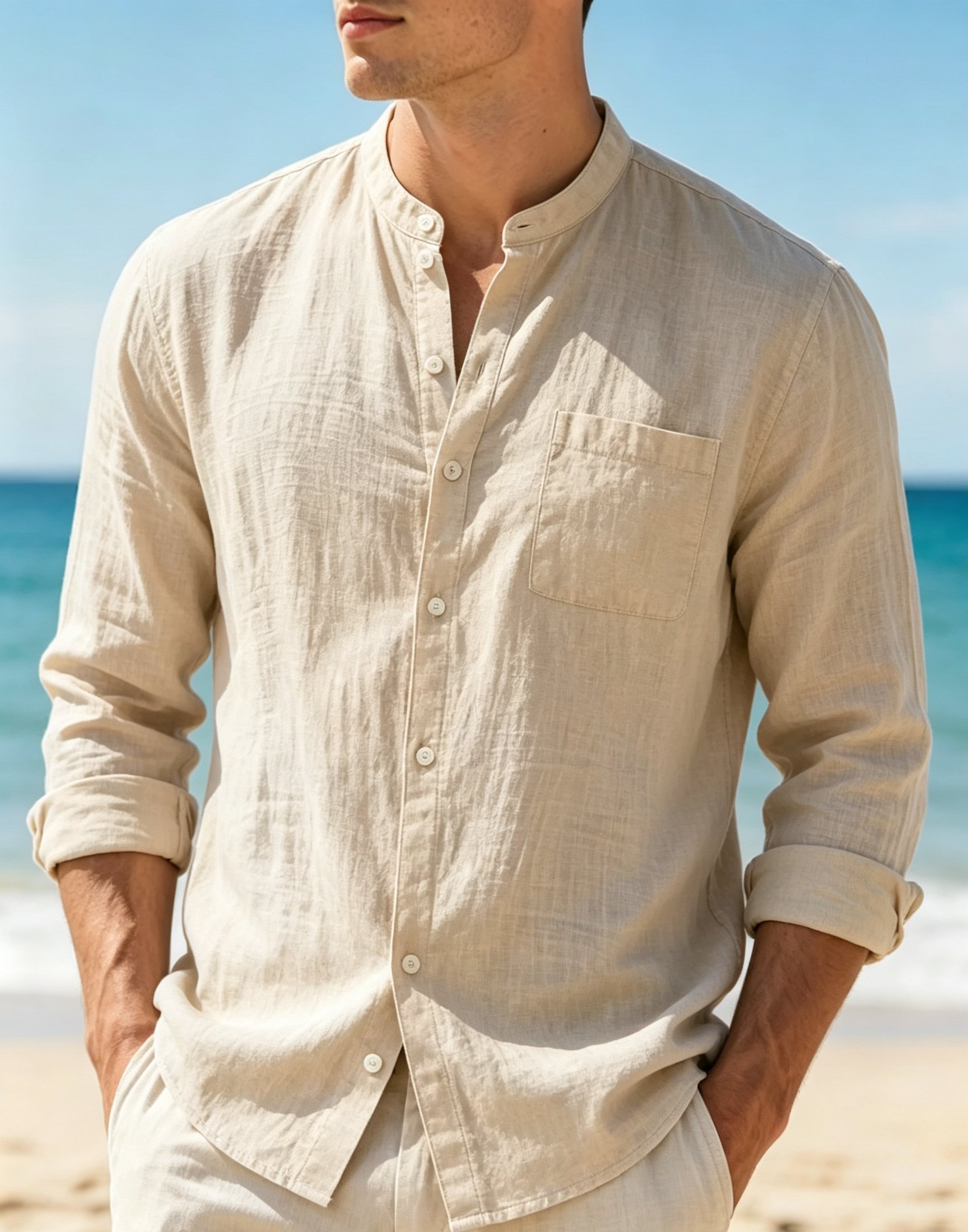 Chemise décontractée légère pour homme en coton et lin à col montant, manches longues, poche poitrine, boutonnée, style plage