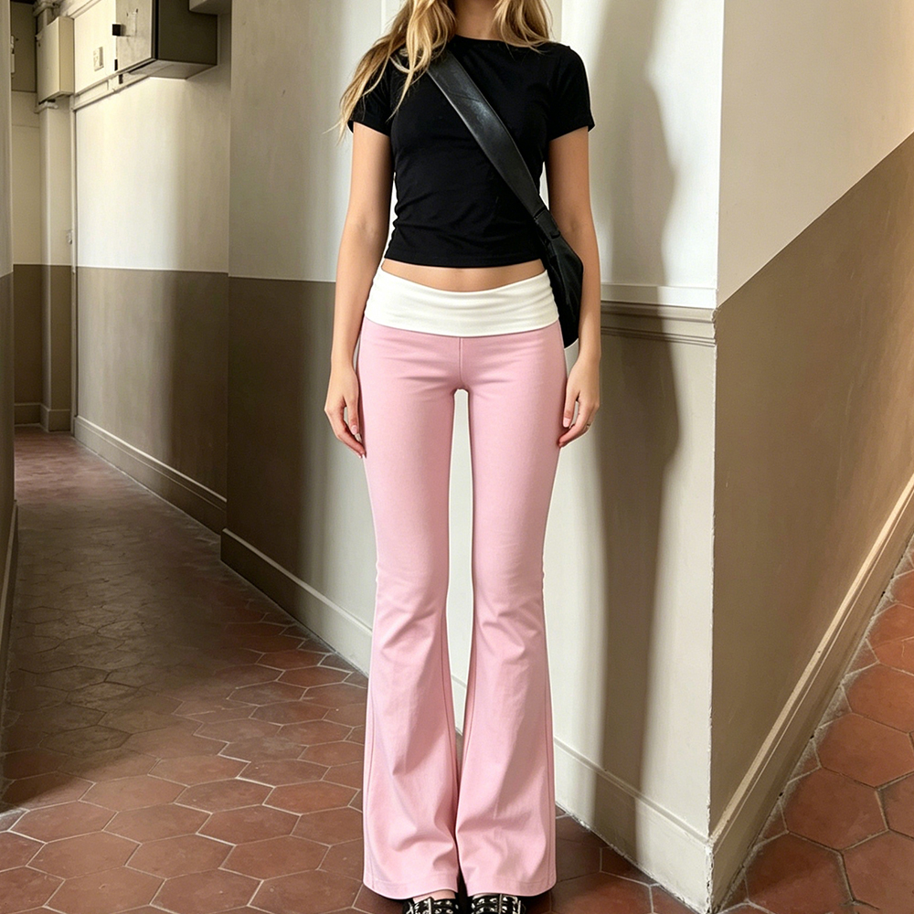 Pantalon évasé pliable pour femme, style décontracté, couleur contrastante, taille élastique, coupe cloche, streetwear Y2K ﻿