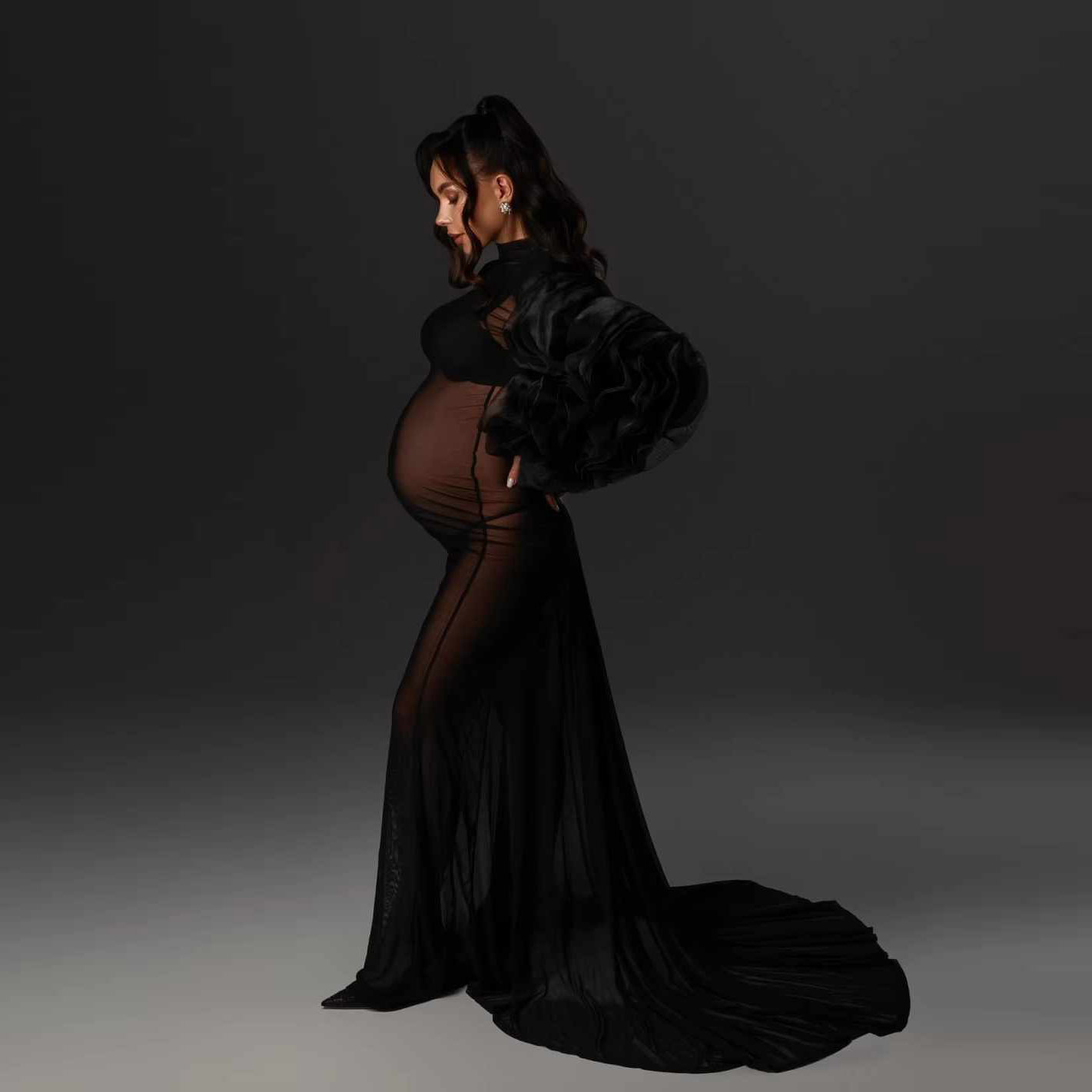 Robes de grossesse noires pour femmes, robes de grossesse à volants pour séance photo, manches en organza plissées, robe de maternité transparente, sur mesure.