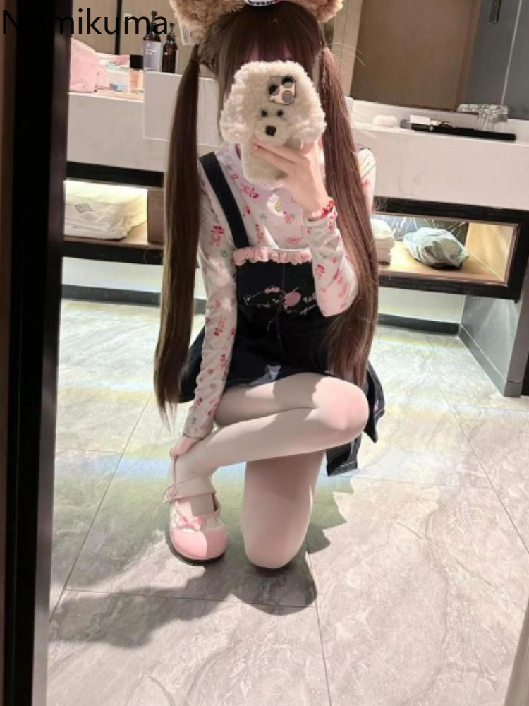 Vêtements japonais pour femmes, tenue douce, ensemble 2 pièces, col rond imprimé, t-shirt à manches longues, taille Slim, robes plissées, costume doux