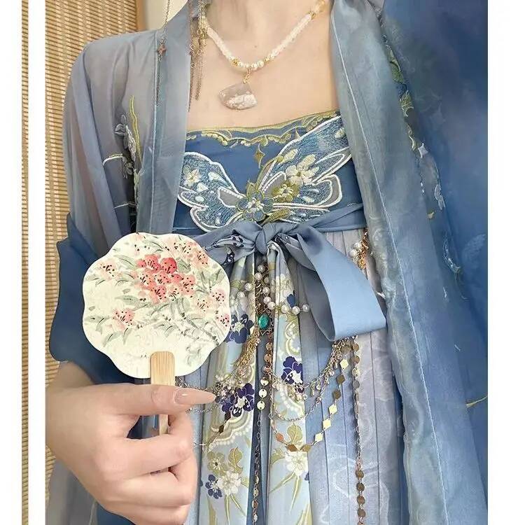 Robe Hanfu brodée bleue pour femmes, style traditionnel chinois, col rond, robe de performance pour filles, nouvelle collection printemps et été pour adultes