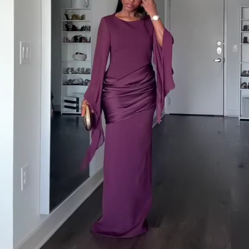 Robe de soirée décontractée à manches évasées et drapées pour femme, robe de mariée moulante unie à la taille, robe de soirée élégante à col rond pour occasions formelles et fêtes