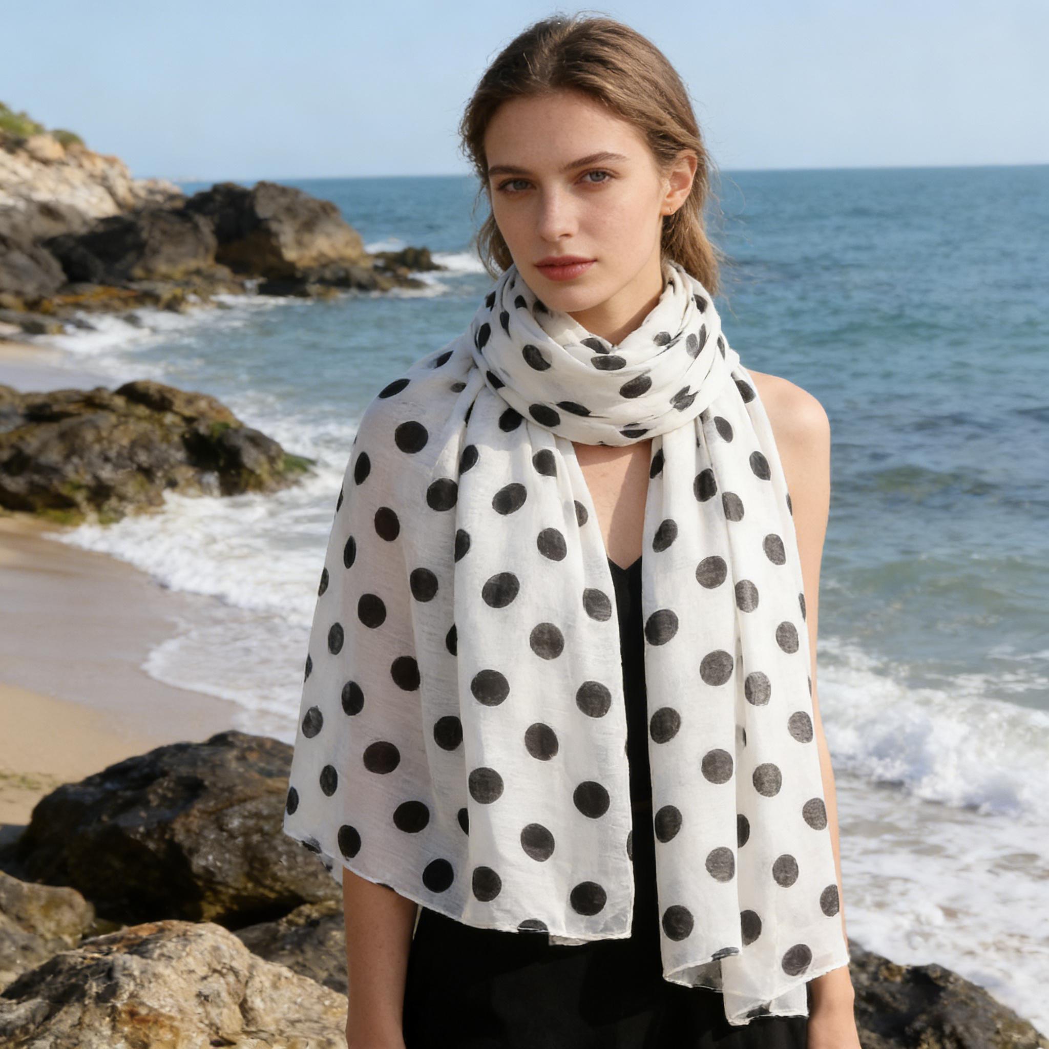 Écharpe classique à pois noirs et blancs pour femmes, écharpe légère et respirante en polyester, grande écharpe décorative 88x180cm
