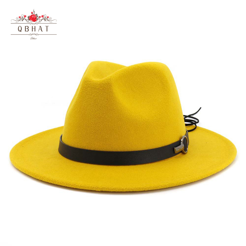 QBHAT-Chapeau en feutre de laine à large bord pour hommes et femmes, chapeau Fedora Jazz, chapeau de cow-boy Trilby de style ander, robe formelle de fête, grande taille, jaune, blanc