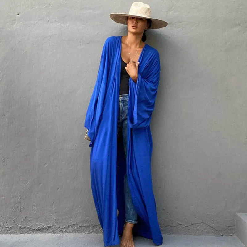 Kimono pour femme, robe de plage, cardigan, robe de plage unie, cache-maillot de bain long, sexy, ceinturé, robe d'été style bohème