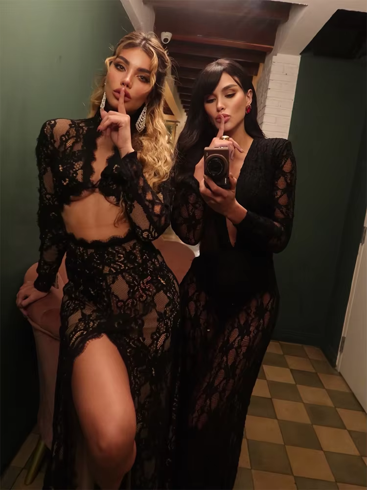Huhugirl – robe longue en dentelle pour femmes, ajourée, unie, sexy, manches longues, fente, col montant, style streetwear, décontractée