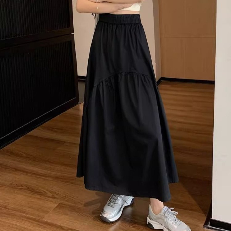 Jupe noire femmes corée été de 2025 Style coréen à la mode plissée Patchwork taille élastique jupe longue femme