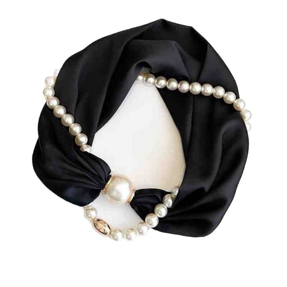 Élégant foulard de cou à boucle magnétique avec collier chaîne de perles, écharpe fine en satin, foulard étroit et doux