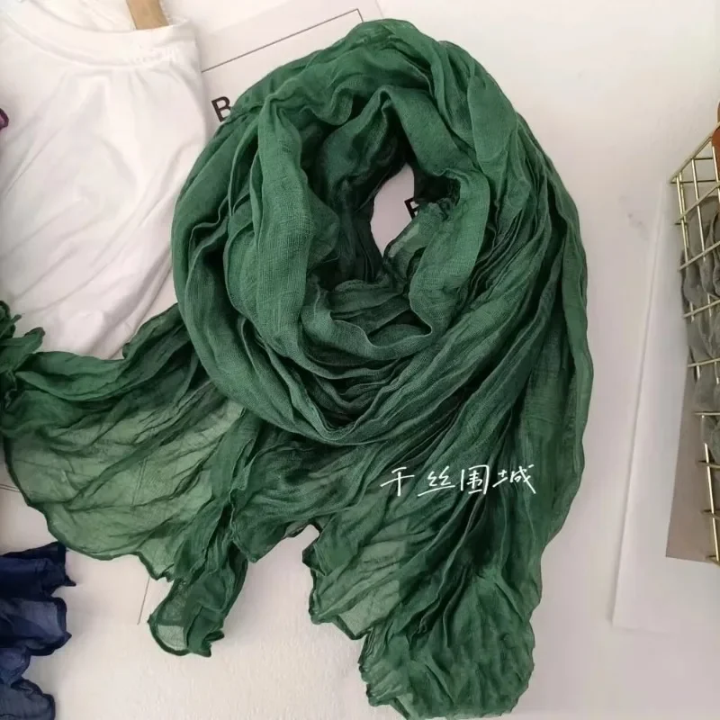 Écharpe en coton et lin de couleur unie, rétro, automne hiver, nouveau châle plissé à bande fine verte, soie thermique pour hommes et femmes