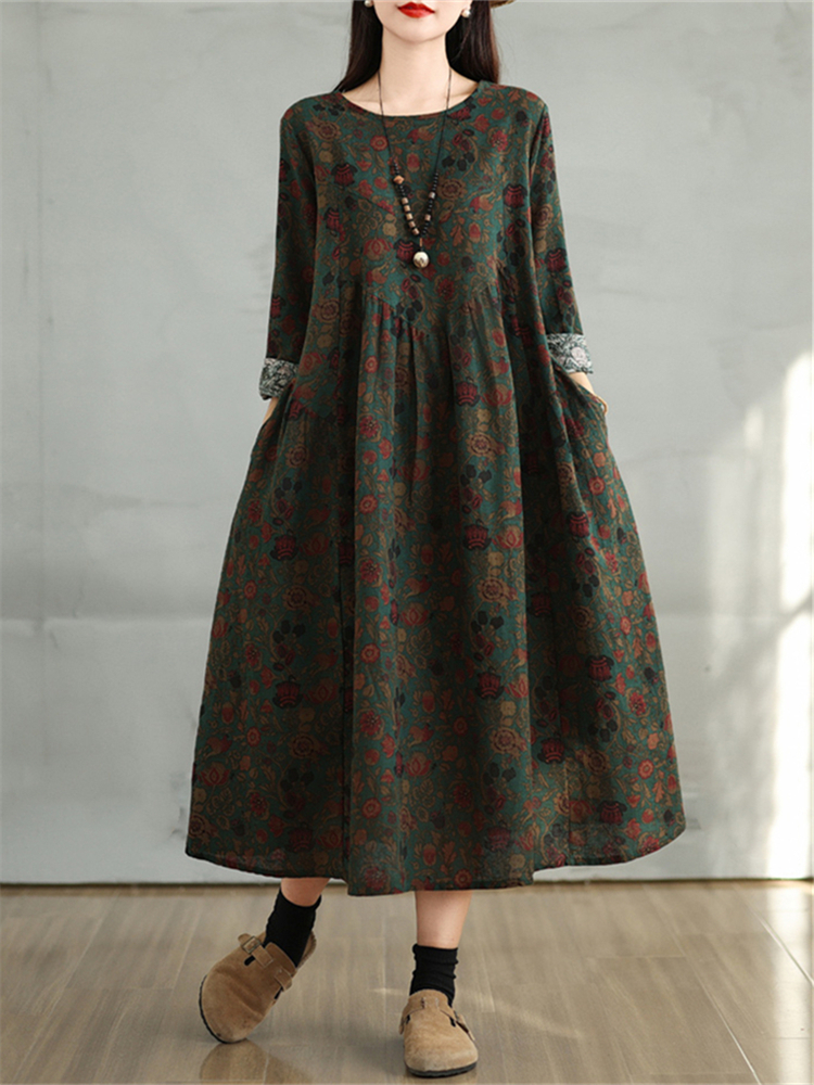 Robes en coton à imprimé floral vintage 2026 pour femmes, robe décontractée à manches longues pour le printemps et l'automne, robe élégante pour femme, vêtements