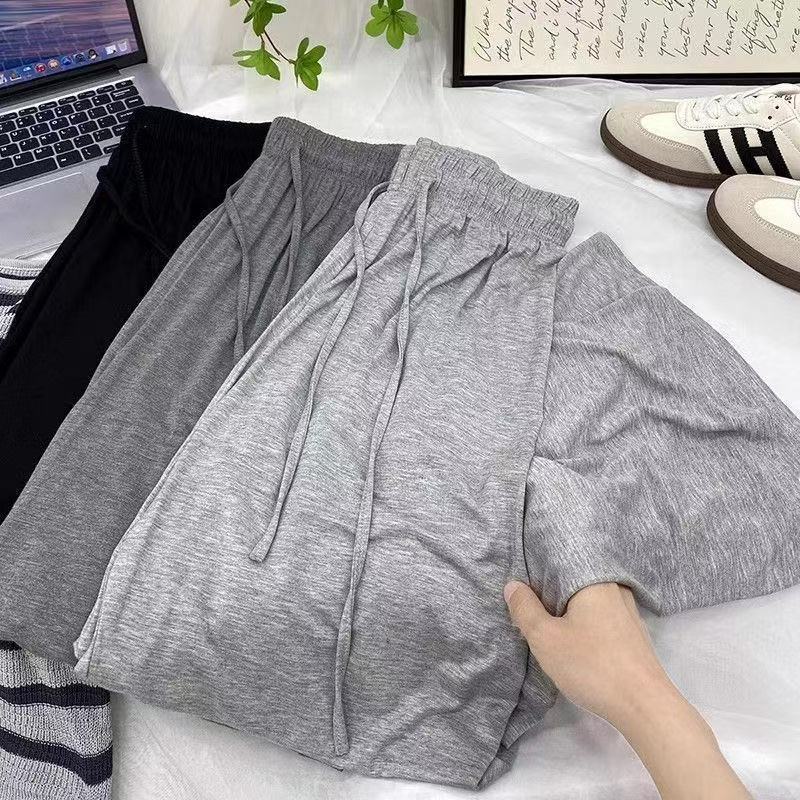 Pantalon pour femme grande taille en modal et soie glacée, taille haute, jambe large, fluide, ample et droit, style streetwear décontracté, pour l'été