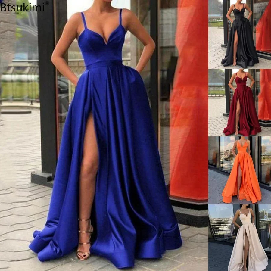 Robe longue de soirée élégante pour femme 2026, fendue sur le côté, en satin, sans manches, à bretelles, coupe trapèze, sexy, pour mariage et banquet