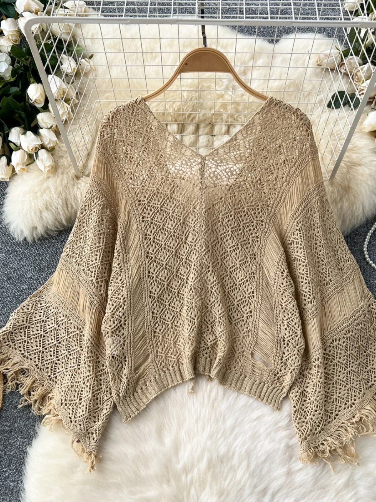 Cardigans de plage Boho pour femmes, Cardigan tricoté ajouré au Crochet, haut court à lacets, manteau à manches longues, livraison directe