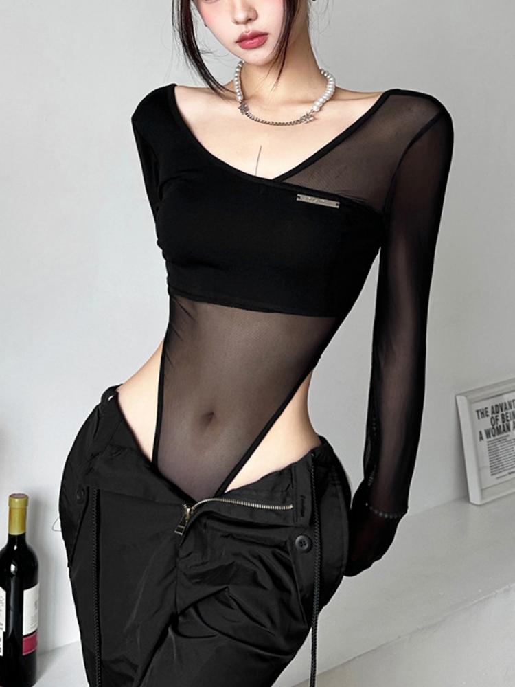 Body transparent noir, Lingerie Sexy à manches longues, col en v, une pièce, dos nu, hauts pour femmes