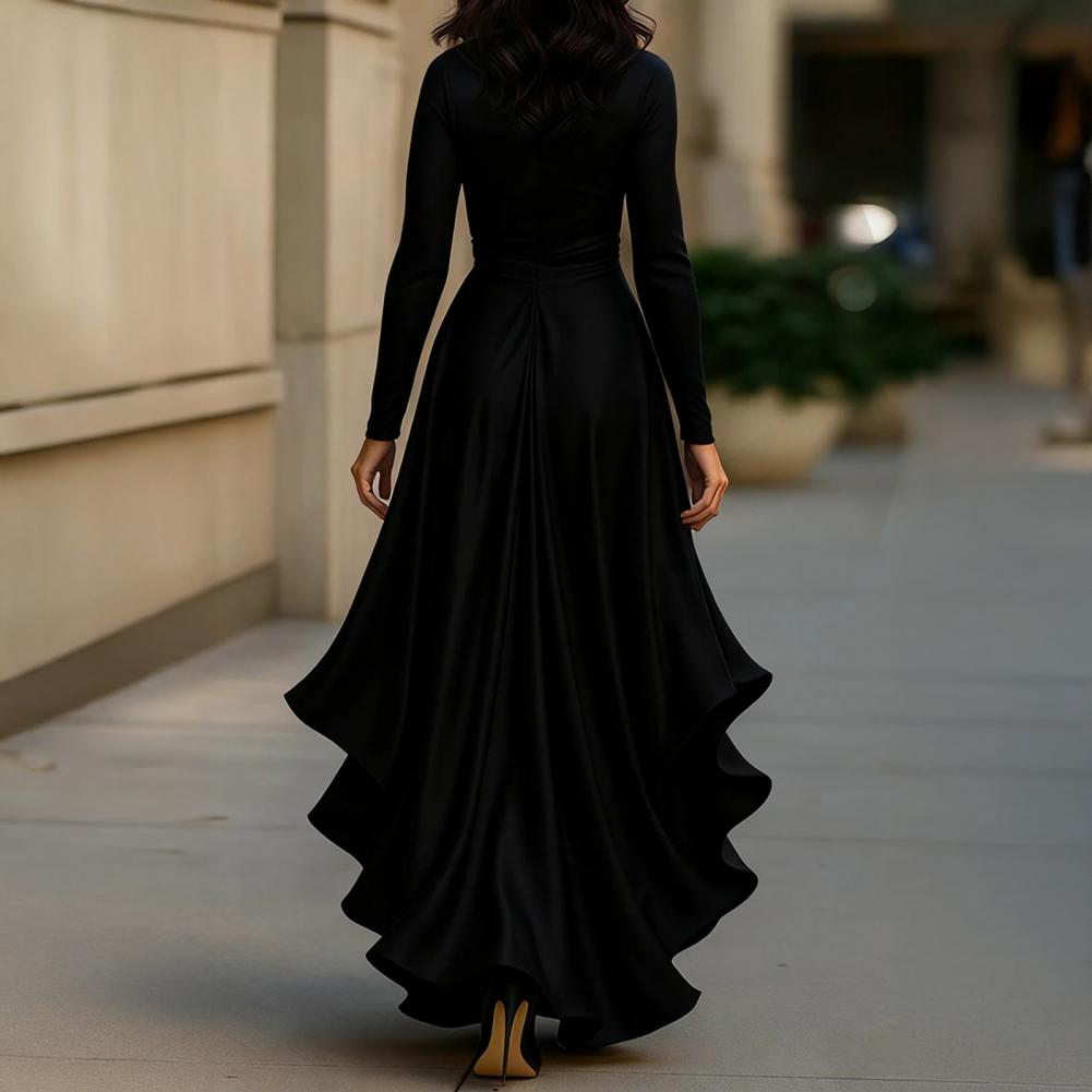 Robe de soirée 2026 pour femme, manches longues, col en V, taille haute, coupe ajustée, volants, couleur unie, élégante, mode, pour fête, printemps-automne, 80%