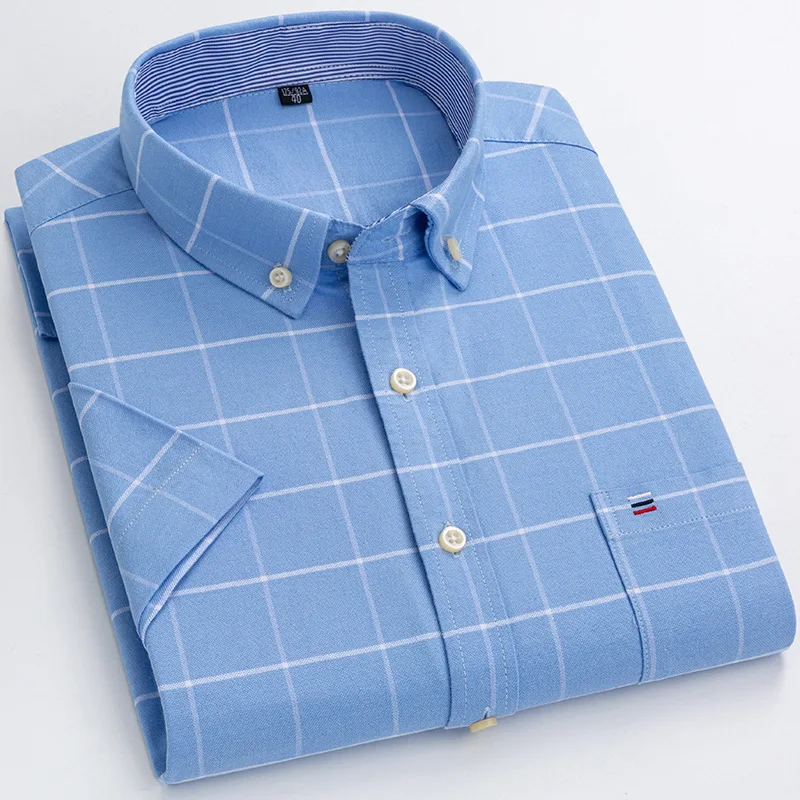 Chemise rayée à carreaux à manches courtes pour hommes, chemises en coton, blanc, décontracté, affaires, coupe régulière, grande taille, S-7XL, été, nouveau