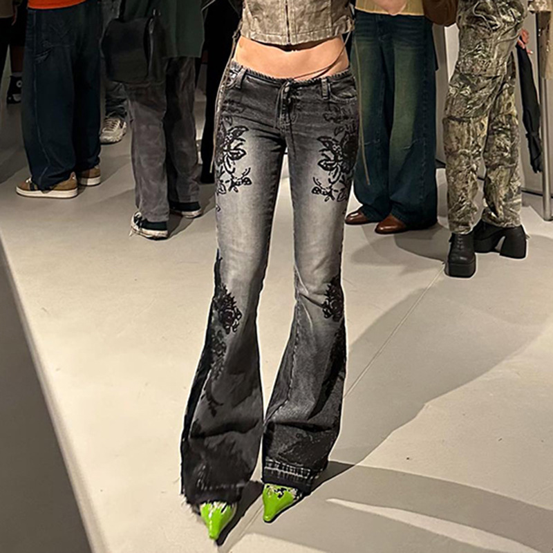 Jean femme nouveau Style de rue rétro américain imprimé plante lavé Vintage taille basse pantalon évasé à la mode polyvalent