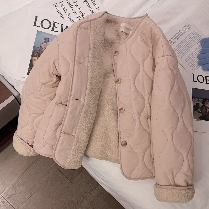 Manteau en coton velours de mouton rose pour femme, nouvelle arrivée hiver 2026, style coréen, col rond, coupe ample, manches longues