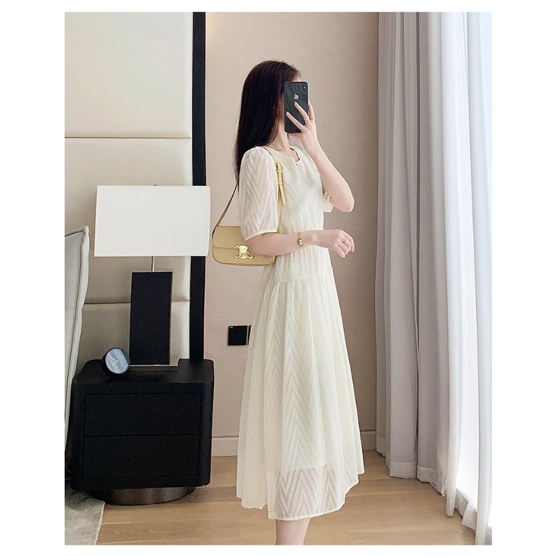Robe midi en mousseline de soie française pour femme, col rond, coupe ajustée, élégante, décontractée, robe longue à volants