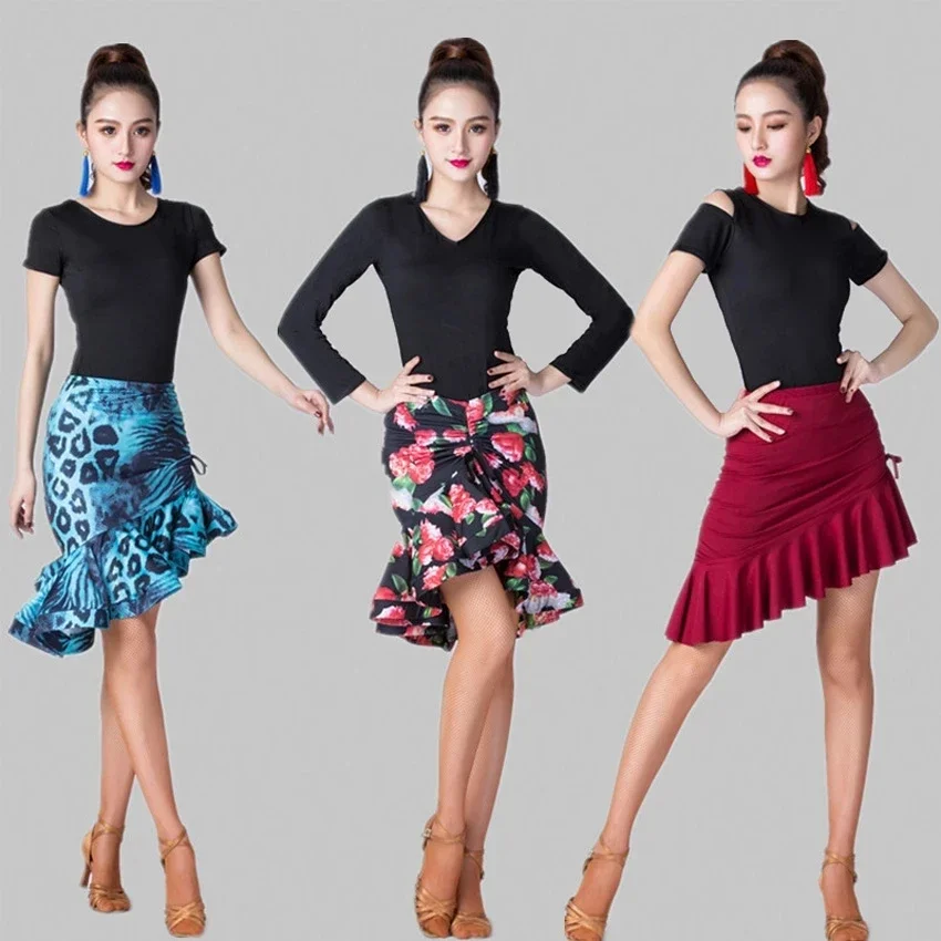 Costumes de danse latine classiques imprimé léopard pour femmes, jupe sirène asymétrique à volants, robe de Salsa Chacha Tango Rumba