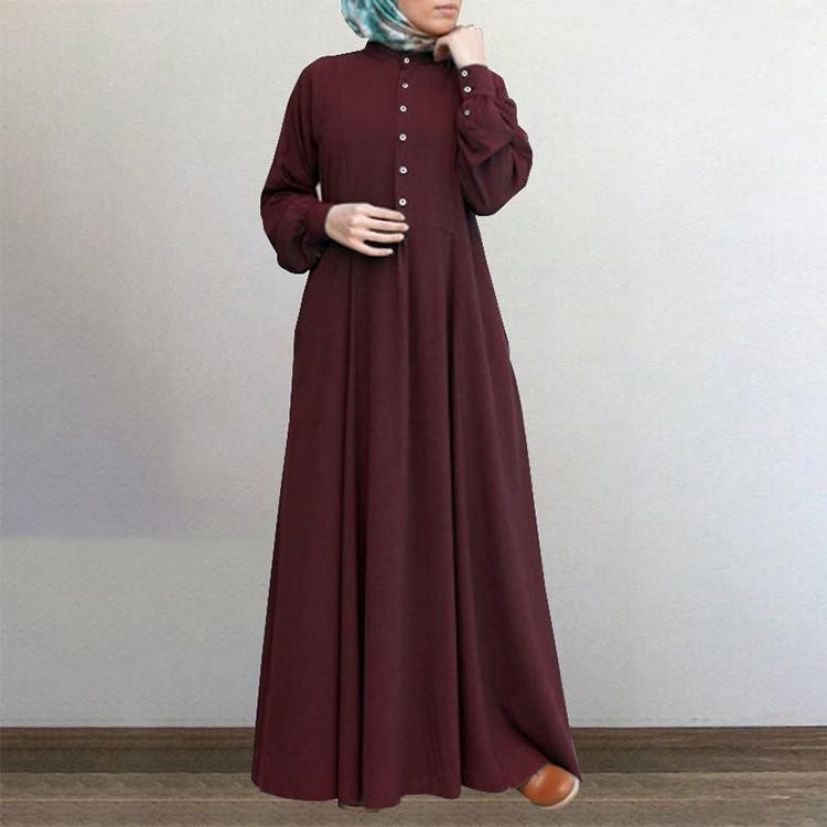 Robe musulmane boutonnée à manches longues pour femmes, robe longue islamique, document vintage monochrome, printemps et automne