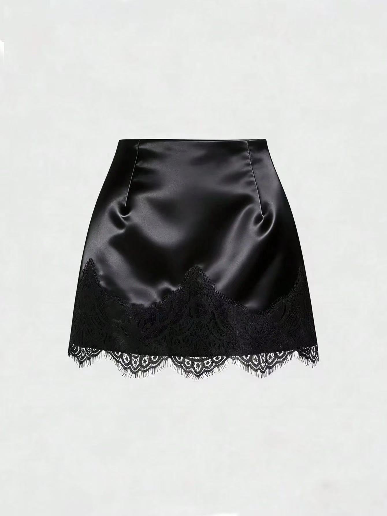 Mini-jupe en satin pour femmes, taille haute, couleur unie, ourlet en dentelle, coupe trapèze, jupe courte, élégante, pour soirées, clubs et tenues décontractées.