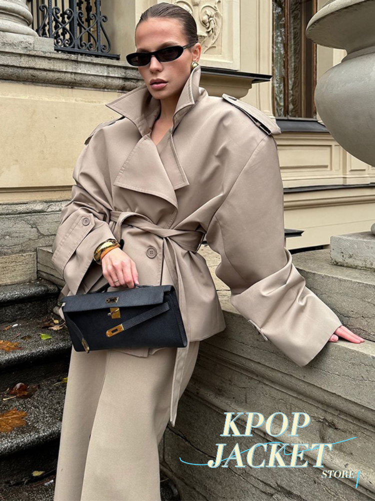 Manteau trench long kaki à rayures color-block pour femme 2026, col large, coupe ample, épaules tombantes, doublure bleue, fente latérale, idéal pour les trajets quotidiens et les sorties