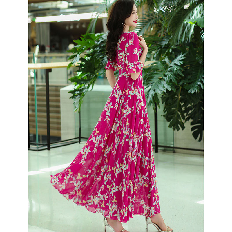 Robe longue imprimée en mousseline de soie pour femme, robe de plage mince bohème, col en V, manches moyennes, robe de soirée féminine, robe éducative, 4XL, nouveau, été, 2024