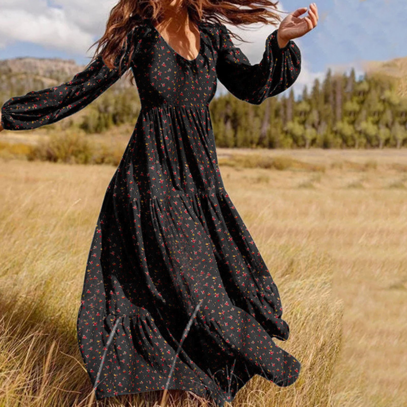 Robe longue décontractée à imprimé floral pour femmes, manches à col en V, robe trapèze, mode élégante, style plage, vacances