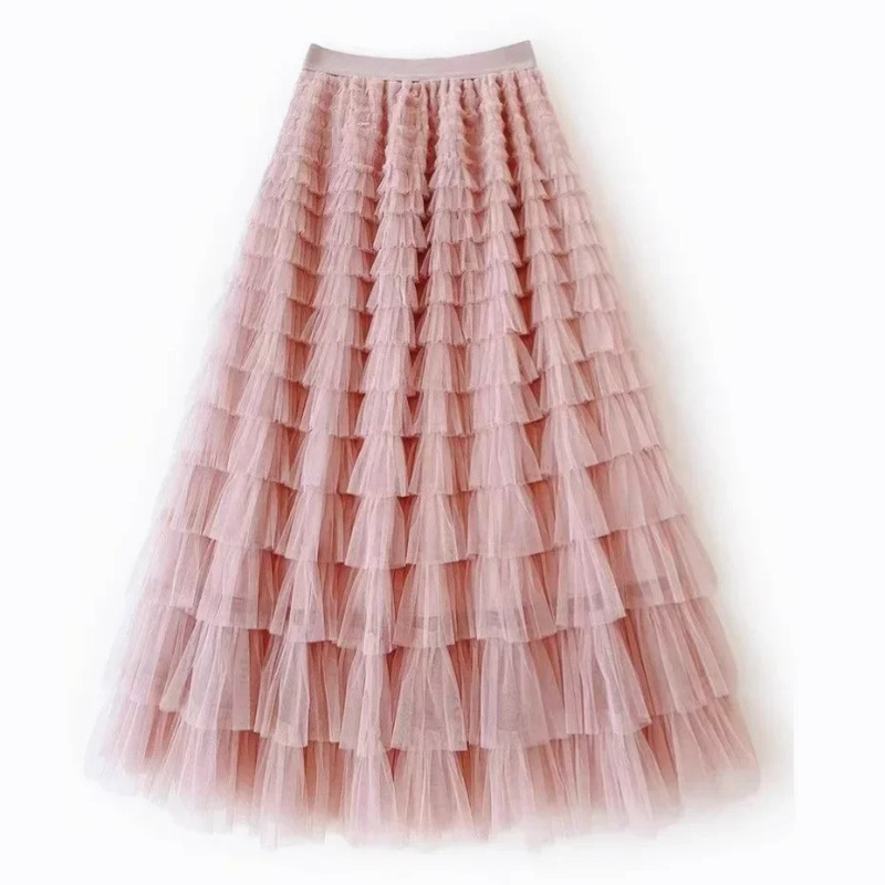 Jupe en maille à volants multicouches pour femmes, jupe longue en tulle, taille haute, vêtements de fête, monochromatique, bohème, printemps, été, salle de bain