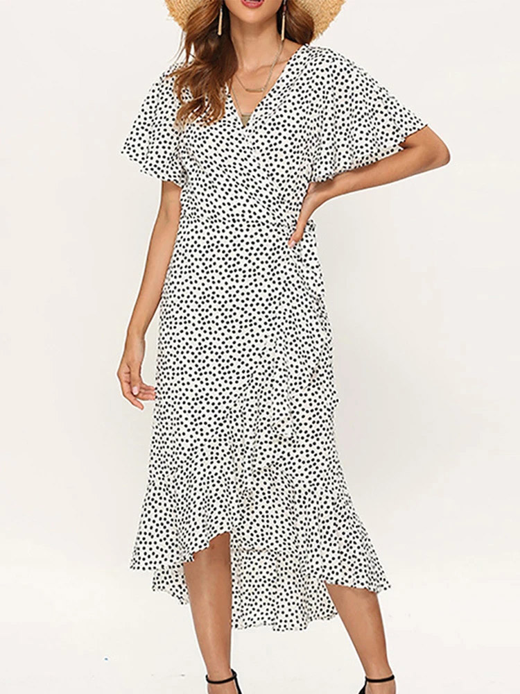 Robe longue en mousseline de soie pour femmes, imprimé floral, style boho, volants ronds, décontracté, col en v, fendue, sexy, robe de soirée, été