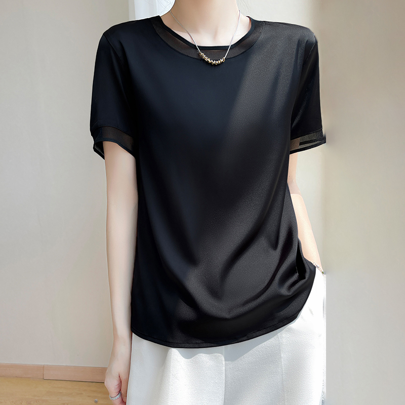 T-Shirt manches courtes col rond pour femme, décontracté et ample, couleur unie, avec dentelle sur le bas, été