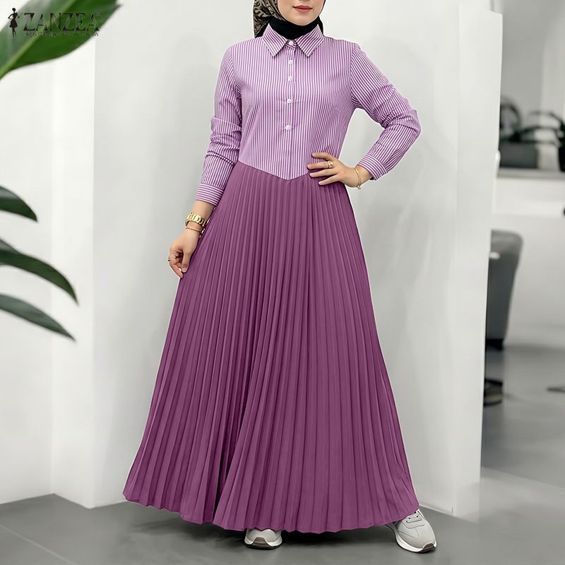 Robes Maxi Abaya Musulmanes Élégantes pour Femmes, Patchwork, ZANZEA, Robe de Ramadan, Robe Femme Casual à Manches Longues, Robe Plissée, Kaftan, Vestido