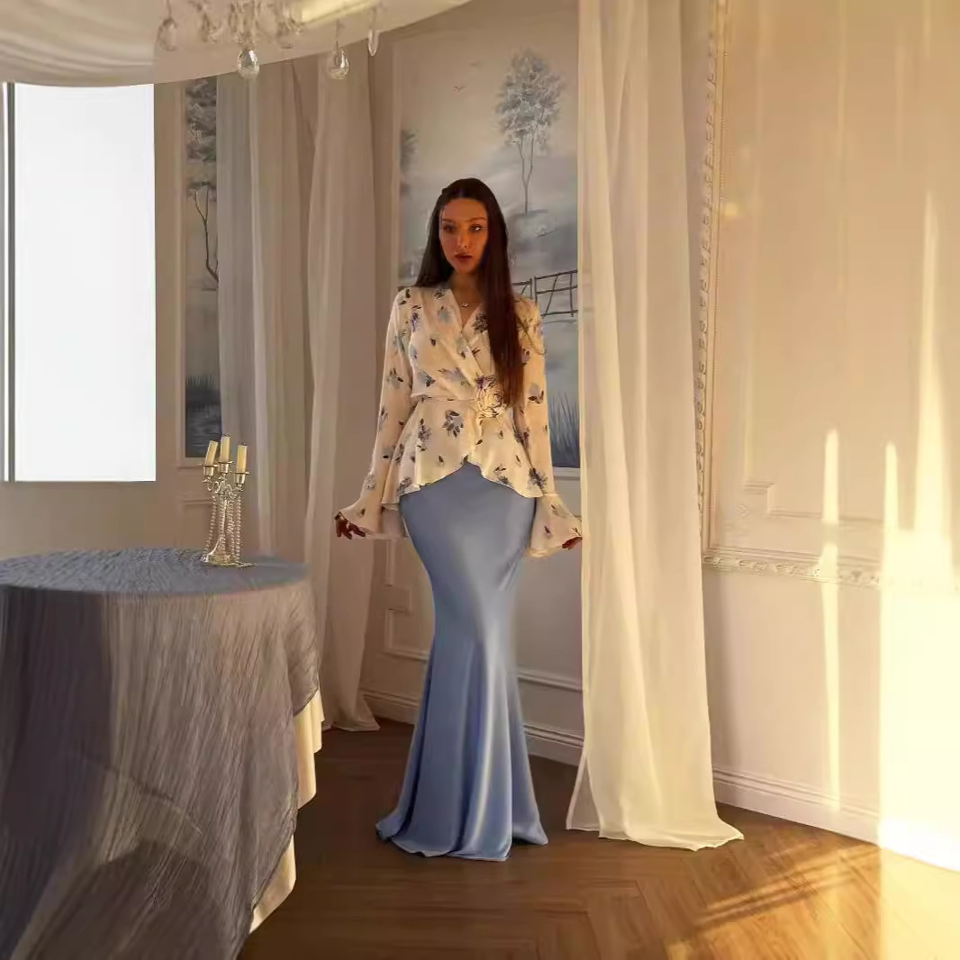 Femmes 2 pièces Ensemble musulman Blouse jupe fleur imprimé haut marocain dubaï Islam tenues 2025 arabe élégant Ensemble jupes longues costume