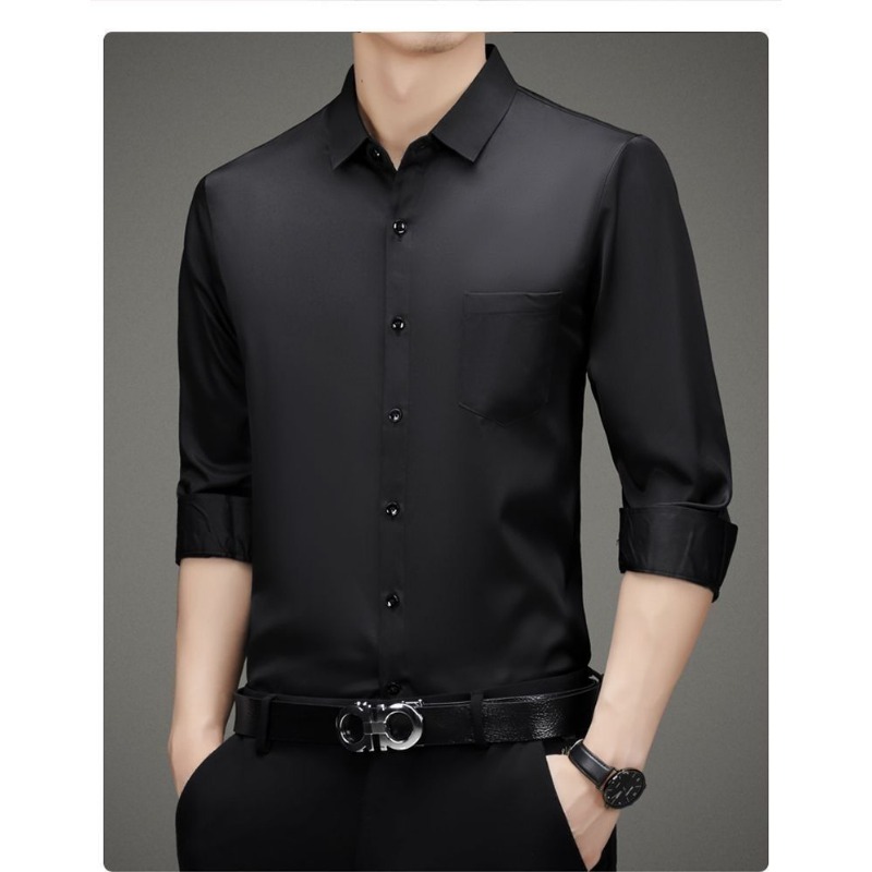 Chemise en soie de mûrier pour hommes, haute qualité, manches longues, poches, haut de gamme, Business, décontracté, élastique, Anti-rides, sans repassage