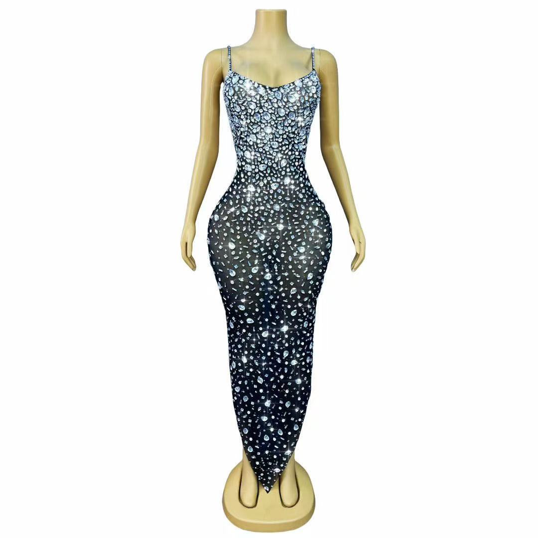 Robe de soirée de luxe pour femme, tenue de scène ou de club, avec strass et maille transparente, style moulant et sexy, idéale pour les tapis rouges et les cocktails.