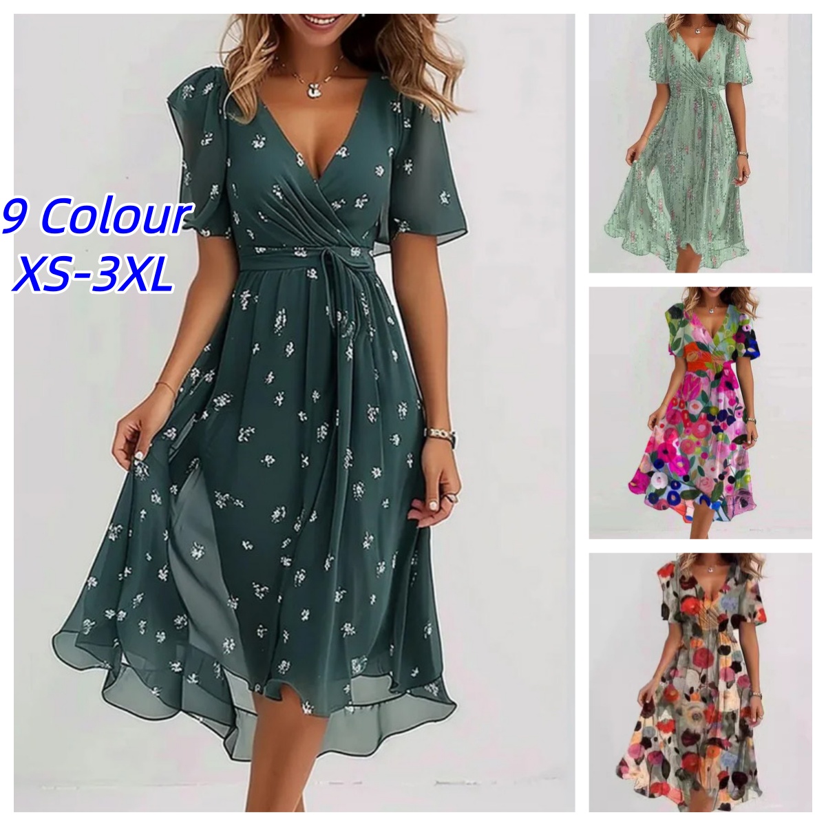 Robe imprimée élégante et tendance pour femme, longueur genou, nouvelle collection 2026, décontractée, ample, col en V, motif floral, robe imprimée femme