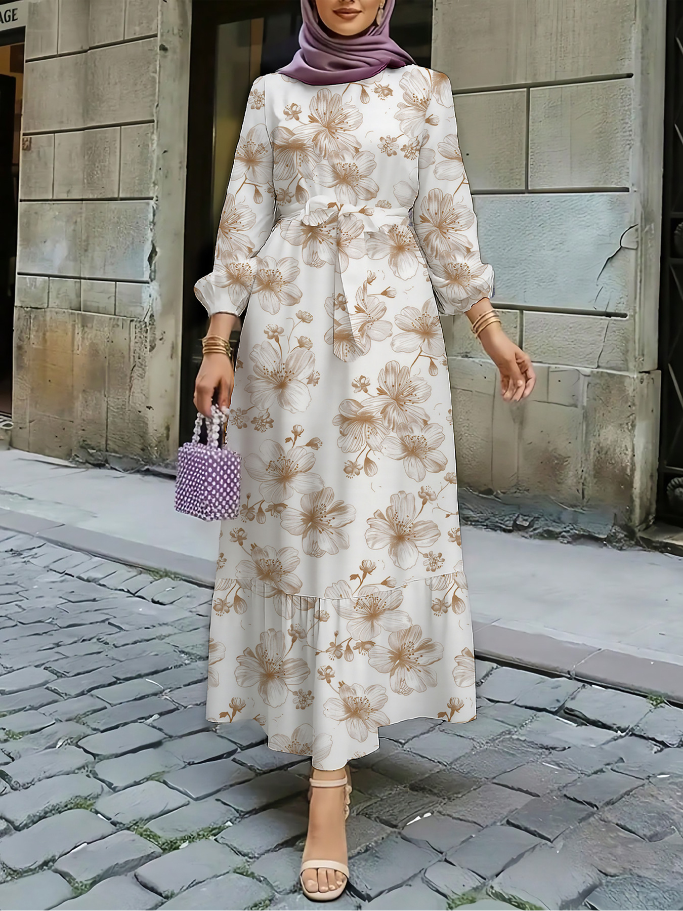 Nouvelle robe élégante de style occidental à imprimé floral, taille élastique, ourlet à volants
