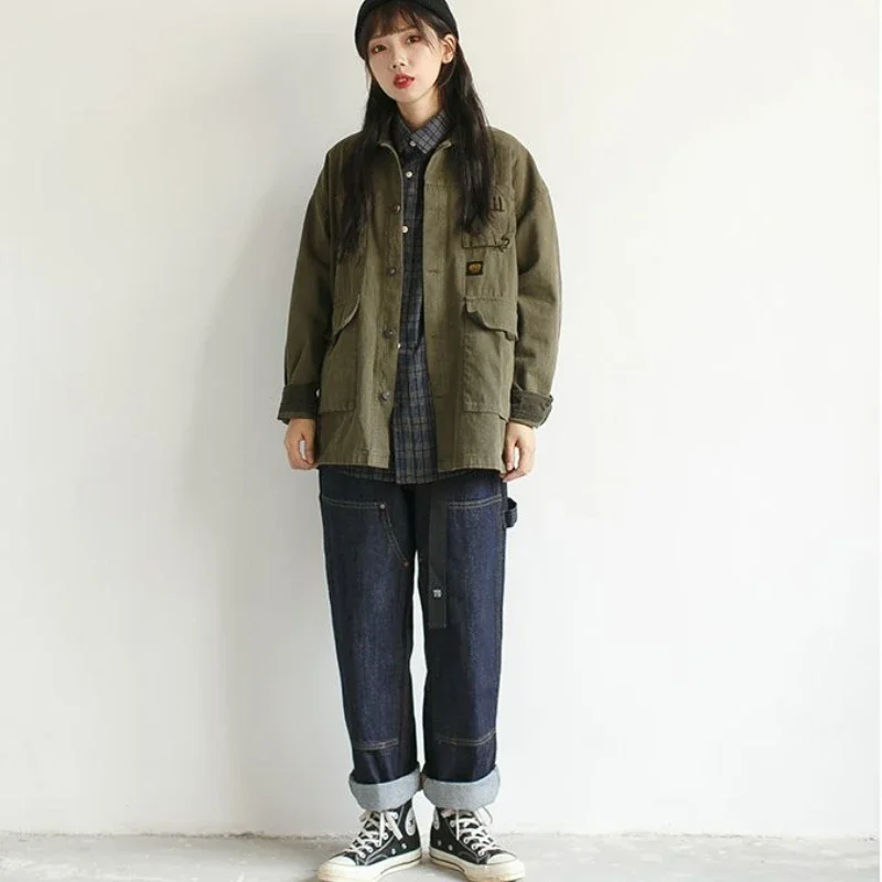 Japonais Cargo Vintage femmes hommes printemps automne vêtements Harajuku coton manteau militaire poche boutons vêtements de travail Streetwear
