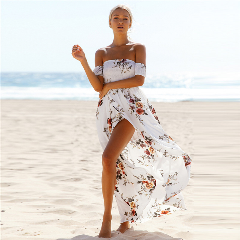 Boho style robe longue femmes épaules dénudées plage robes d'été imprimé fleuri Vintage en mousseline de soie blanc robe maxi vestidos de festa