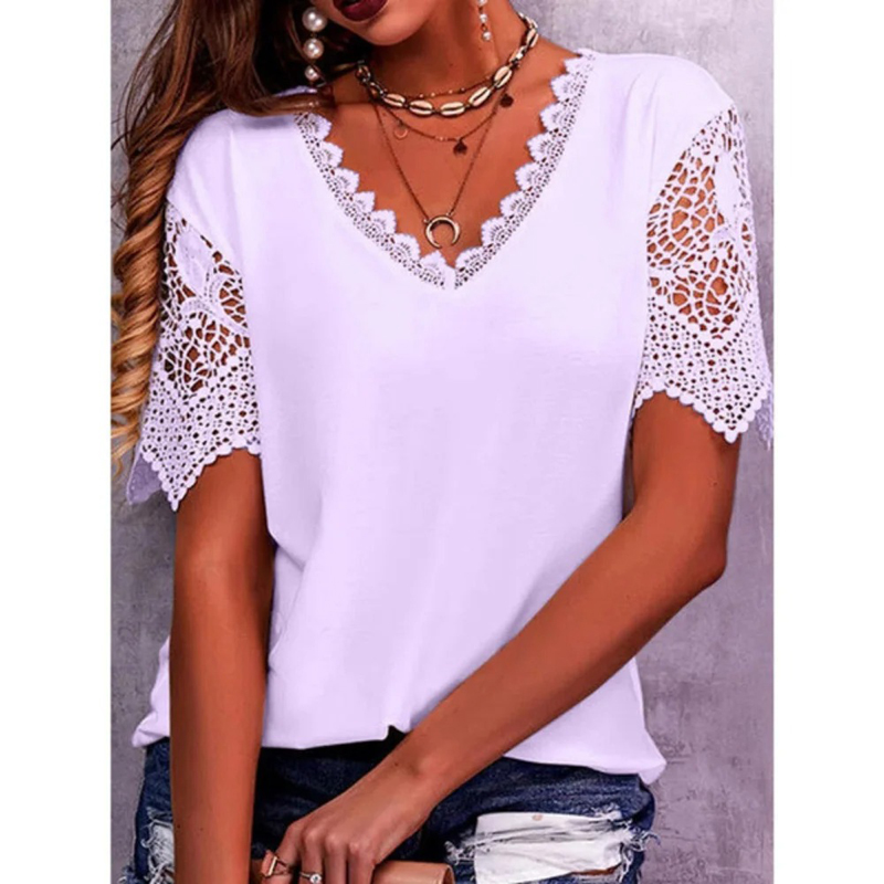 Vintage mode dentelle à la mode femmes t-shirts décontracté élégant Chic surdimensionné Blouses t-shirts couleur unie haut femmes vêtements