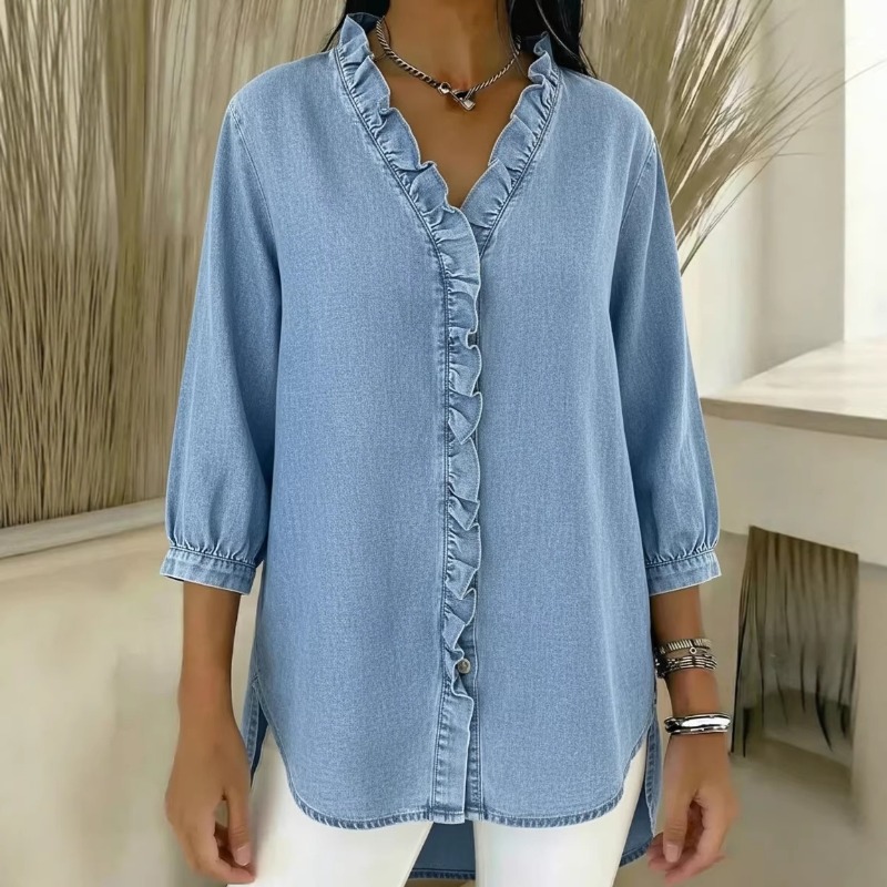 Chemisier en jean bleu clair pour femme, col en V à volants, manches 3/4, boutons sur le devant, coupe ample, haut décontracté avec fentes latérales
