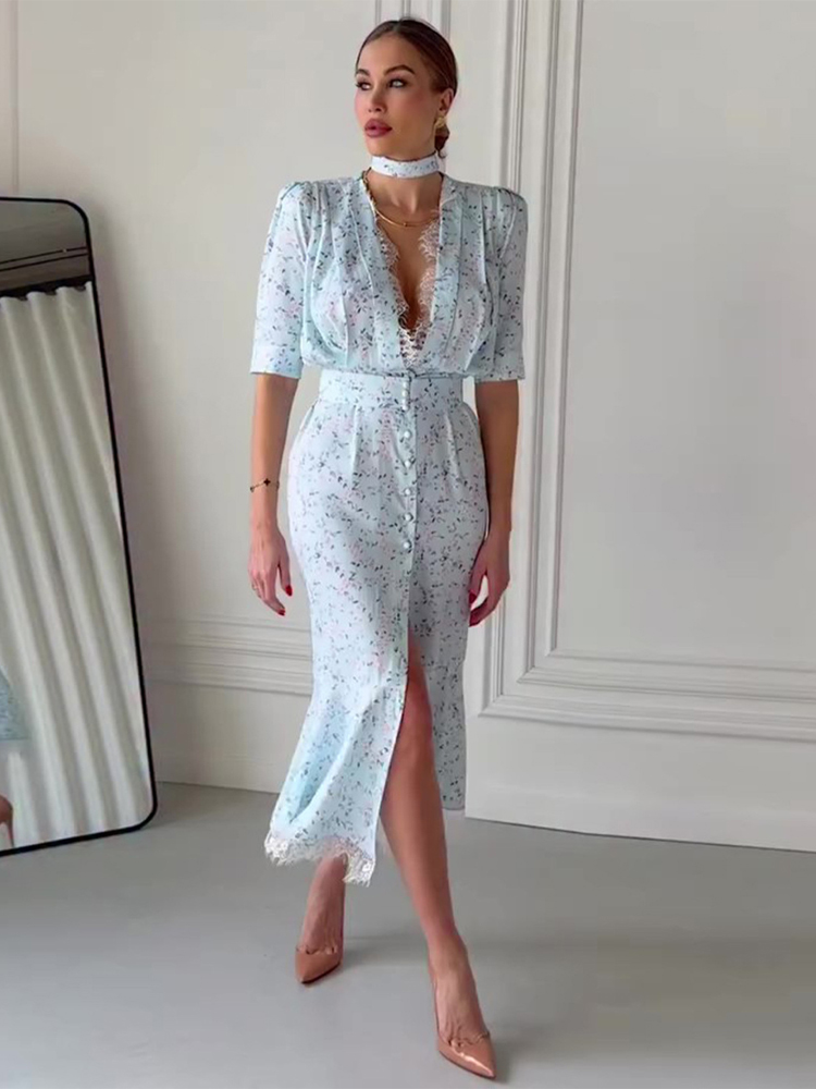 Robe longue sexy pour femme à imprimé orange, chic, avec volants, col en V, ceinture, fente, manches courtes, pour soirée et vacances