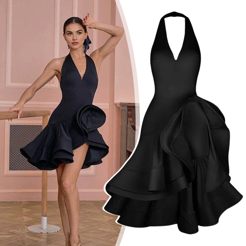 Robe de danse latine pour femmes, élégante, noire, dos nu, sans manches, Samba Rumba cha-cha, vêtements de danse pour salle de bal, Costume de danse de fête, nouvelle collection 2025