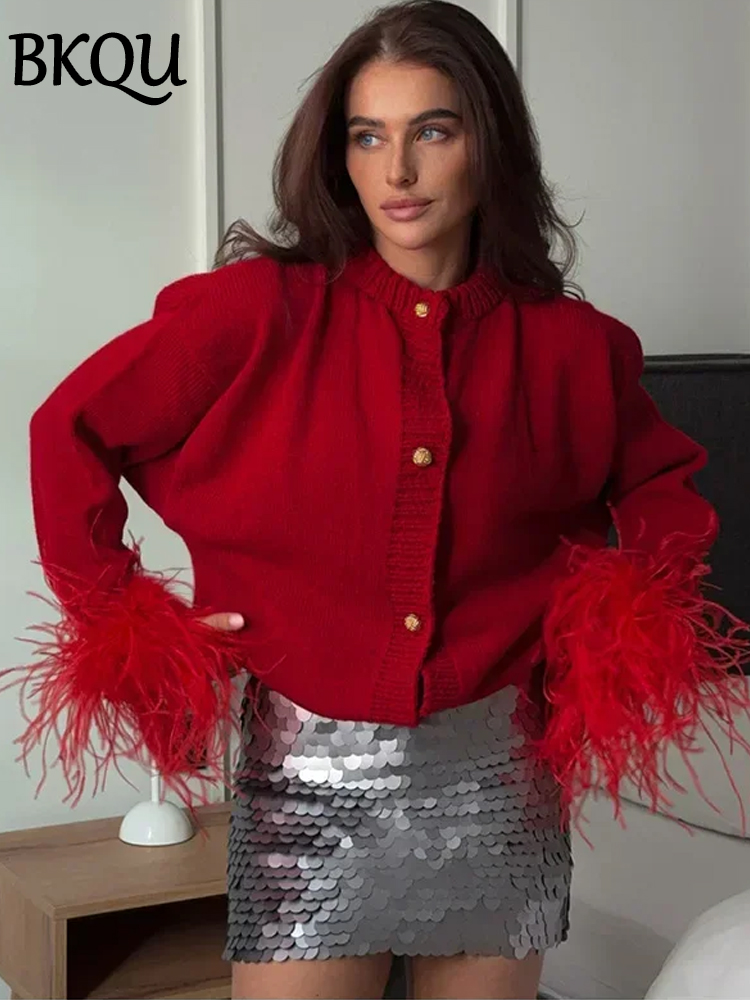 BKQU-Cardigan patchwork de plumes pour femmes, pull court à boutonnage simple, manches longues, mode élégante, rue