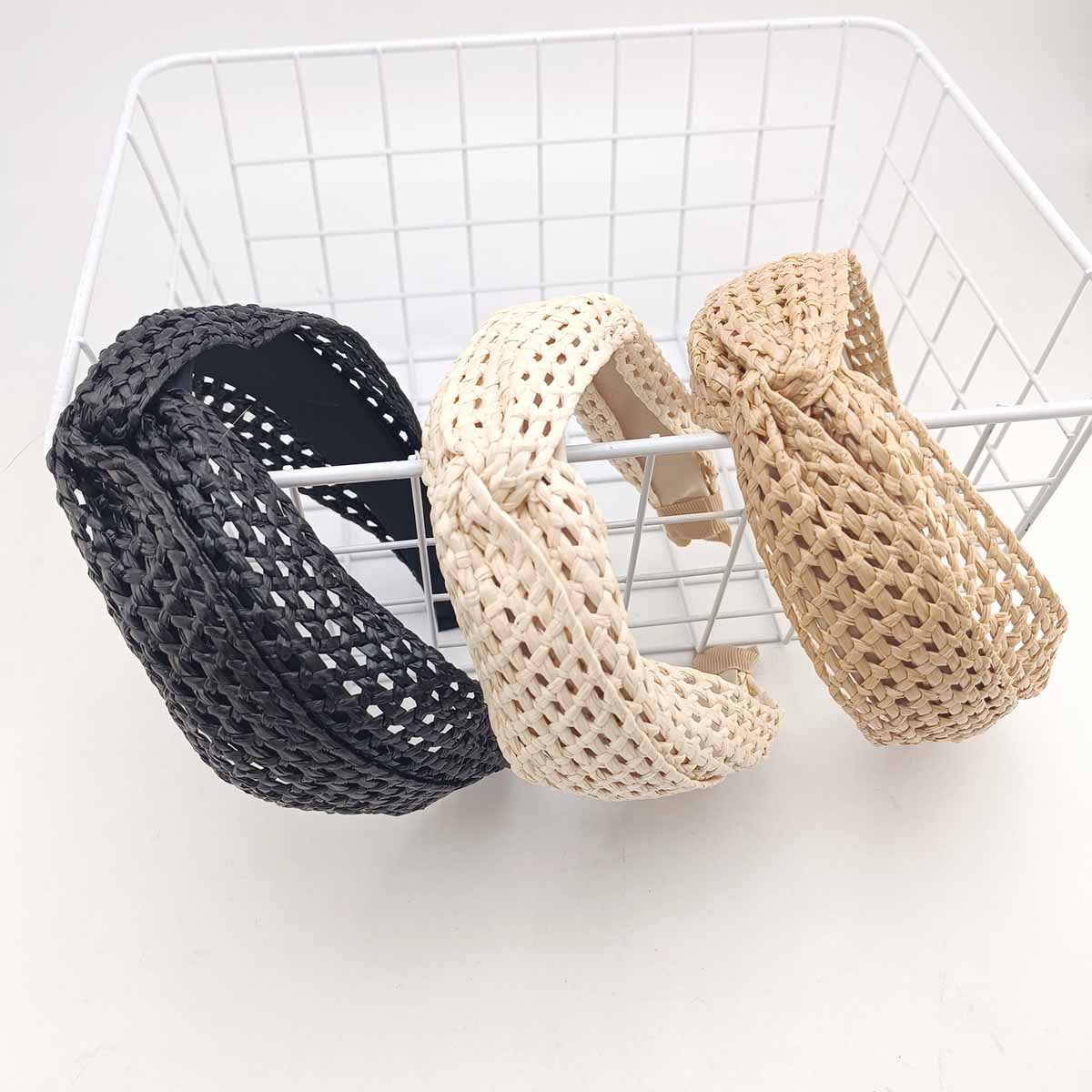 Femmes bohème larges bandeaux croix noué paille tissage bandeau été plage tête cerceau couleur unie cheveux accessoires chapeaux