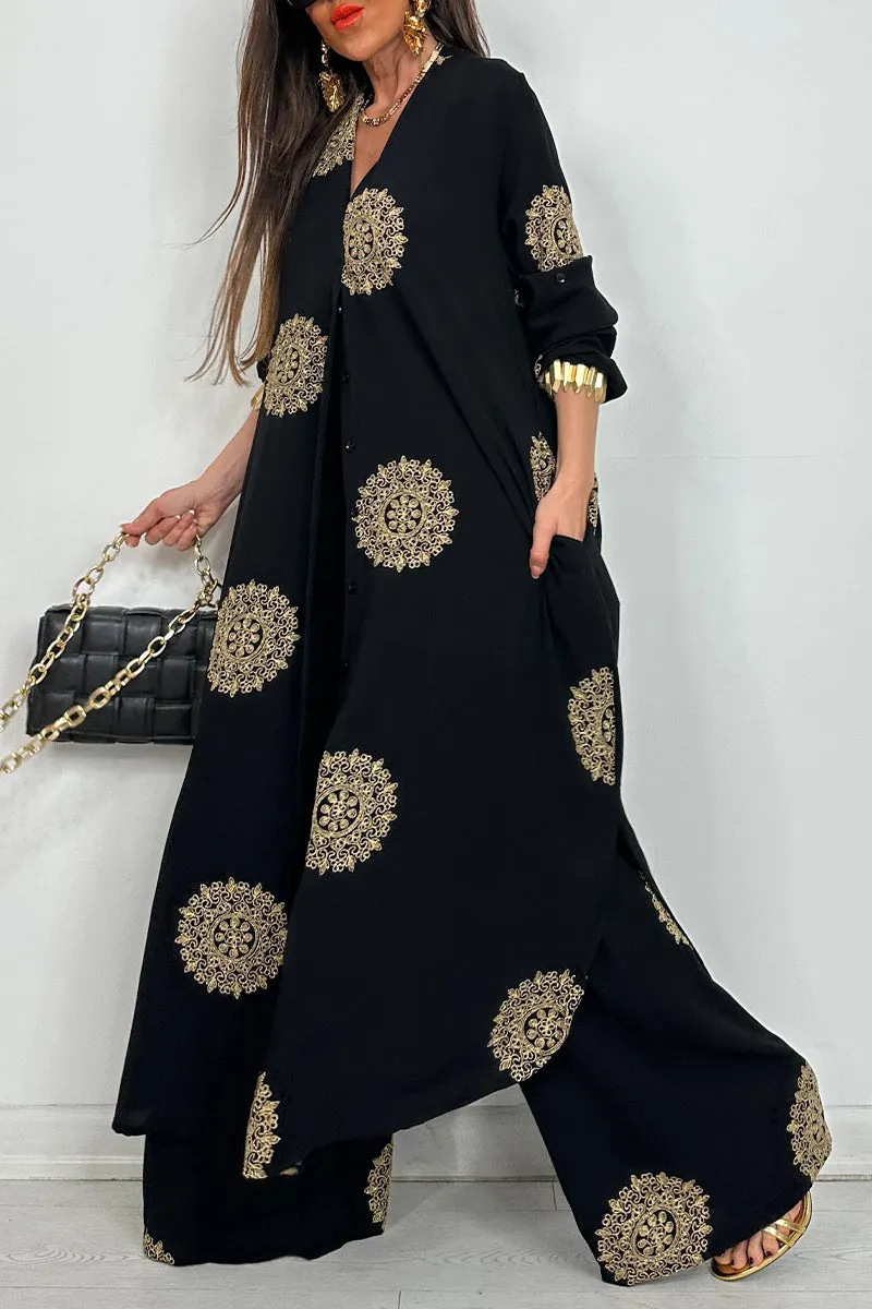 Ensemble de Robe longue et ample pour femmes, imprimé Vintage, chemise à boutons décontractée, chemisiers, pantalons à jambes larges, tenue deux pièces surdimensionnée, printemps été
