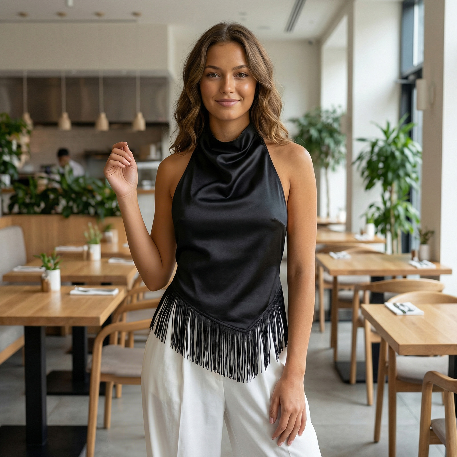 Débardeur Femme Chic à Franges Couleur Unie Col Halter Coupe Ajustée Sans Manches pour Vacances et Streetwear