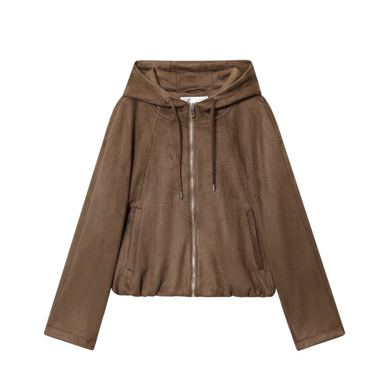 Veste à capuche zippée décontractée bicolore pour femme - Sweat à capuche en faux daim pour le printemps, style simple et polyvalent pour les sorties quotidiennes, les trajets domicile-travail et l'école