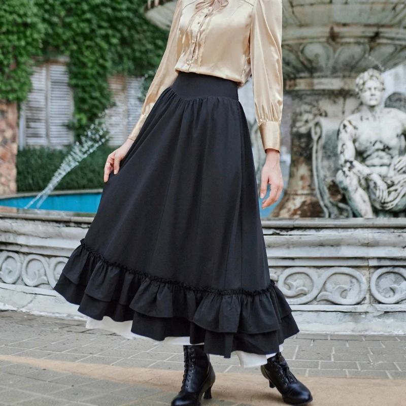 Jupe longue évasée décontractée à double couche en dentelle, style Renaissance, avec boutons, volants vintage, taille élastique, longueur maxi pour femme